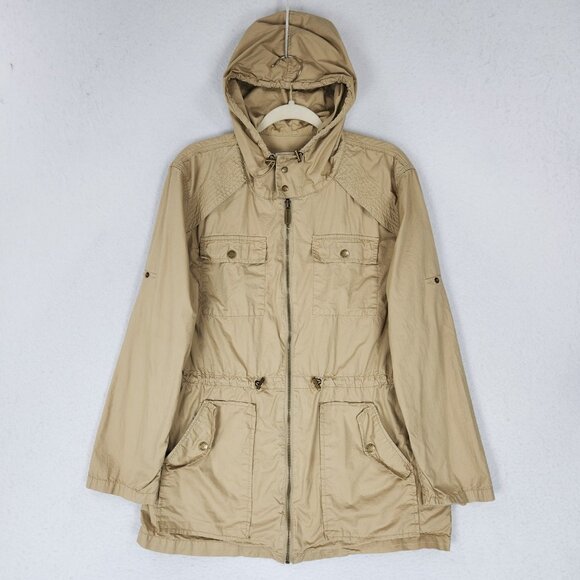 Michael Kors Jacket Womens Medium Tan Lightweight Parka Full Zip Hooded Utility - Picture 1 of 12